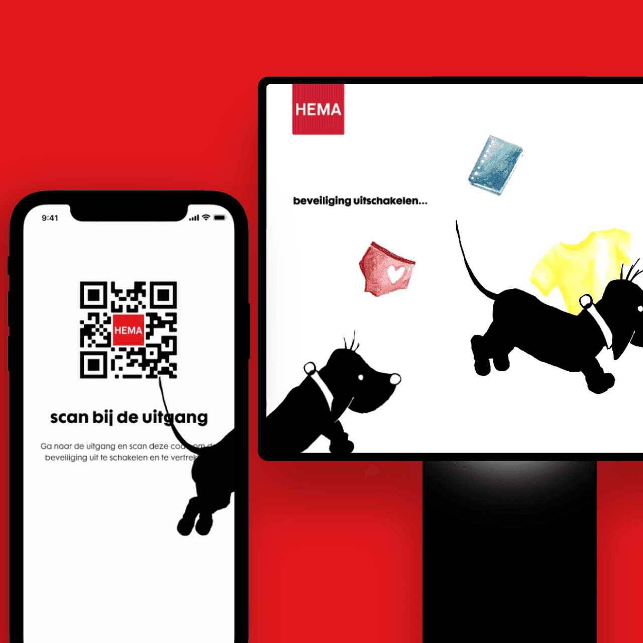 An iphone with a QR code and a checkout screen with a dog jumping from the phone to the screen